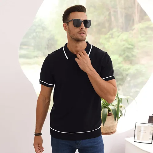 Miniatura 4 de Polo de manga corta para hombre, ajuste regular, informal, de punto sólido, con cremallera de un cuarto, para golf