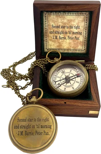 Second Star to the Right and Straight on Till Morning- Brass Engraved Compass with Wooden Case – Inspirational Birthday, Confirmation, and Baptism