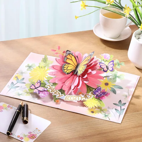 Miniatura 2 de Tarjetas de cumpleaños desplegables para mujeres y esposa, hermosas flores y mariposa monarca, elegante, floral 3D, tarjetas de felicitación