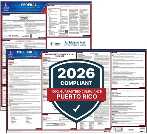 Juego de carteles de la ley laboral federal y de Puerto Rico 2026 (inglés, estado de relaciones públicas) - Pósteres laminados que cumplen con la