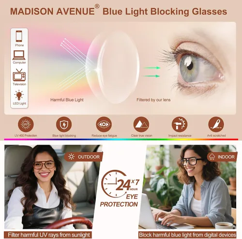 Miniatura 4 de Madison Avenue Lentes retro con bloqueo de luz azul de aviador para mujeres y hombres con funda, anteojos rectangulares de moda para computadora