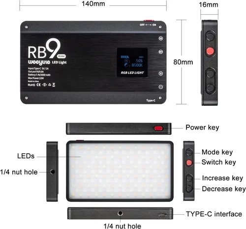 Miniatura 4 de Weeylite RB9 - Luz LED de video RGB portátil con control de aplicación, recargable 2500K-8500K 360° a todo color, 29 efectos de iluminación, panel