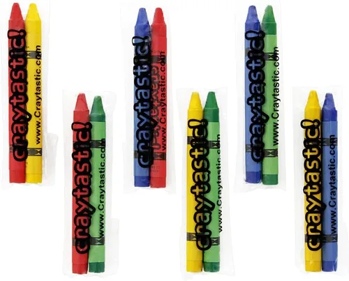 25 paquetes de 2 crayones de tamaño completo de alta calidad en paquetes individuales envueltos en celofán (surtido: rojo, verde, azul, amarillo)