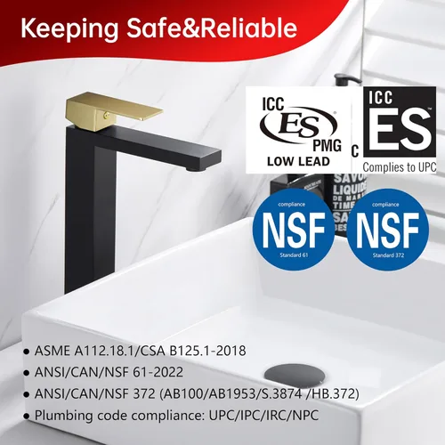 Miniatura 7 de sumerain Grifo de lavabo de recipiente, grifo de baño alto de acero inoxidable 304 con una sola manija, un solo agujero, negro y dorado, sin plomo