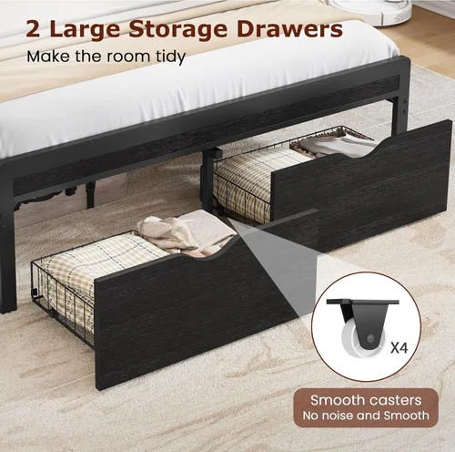 Miniatura 6 de FAVOOSTY Base de cama de tamaño matrimonial con cabecera de 2 niveles, plataforma de metal con 2 cajones de almacenamiento, luces LED y estación