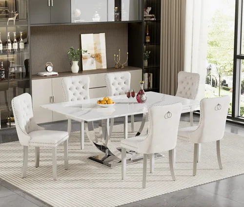 Miniatura 74 de Juego de mesa de comedor de 5 piezas para 4, mesa de cocina de mármol negro de 68 pulgadas con 4 sillas beige, mesa de comedor rectangular moderna