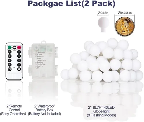 Miniatura 6 de Guirnalda de luces de globo funciona con pilas, color blanco cálido, resistente al agua, paquete de 2 unidades de 40 luces LED de 19.7 pies, 8 modos