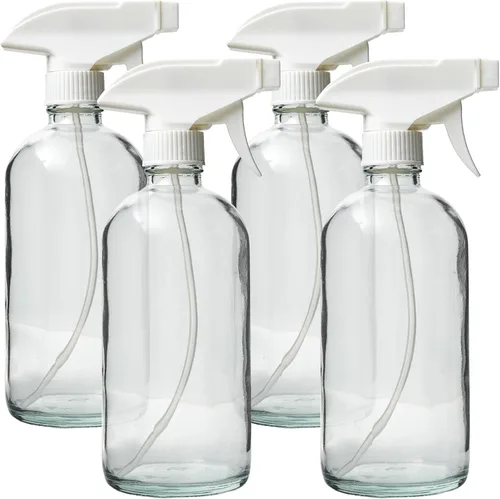 Botellas pulverizadoras de vidrio de 16 onzas. Paquete de 4 con rociador de gatillo blanco que tiene una boquilla ajustable para niebla o chorro sin