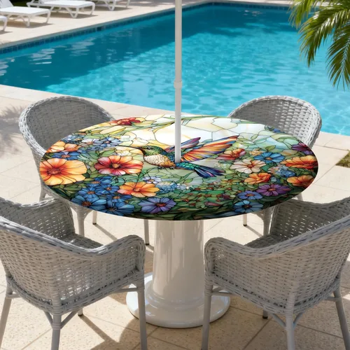 Miniatura 8 de Mantel para exteriores con agujero para sombrilla y cremallera, impermeable, redondo, ajustable con borde elástico, mantel lavable para mesa al aire