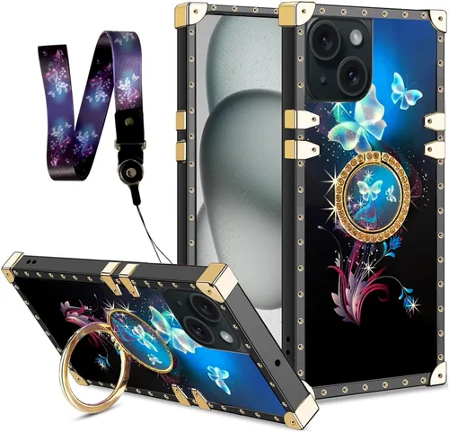 Miniatura 16 de nancheng Funda para iPhone 15, diseño de flor de mariposa azul, TPU suave, a prueba de golpes, con soporte de anillo y cordón a juego, elegante
