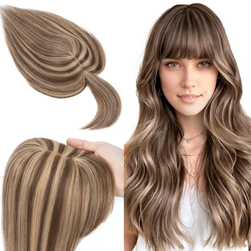 Miniatura 16 de SEGO Toppers de cabello humano 100% real, con flequillo de aire, base de seda 150% de densidad, topper con clip, 2.7 x 5.1 pulgadas, piezas