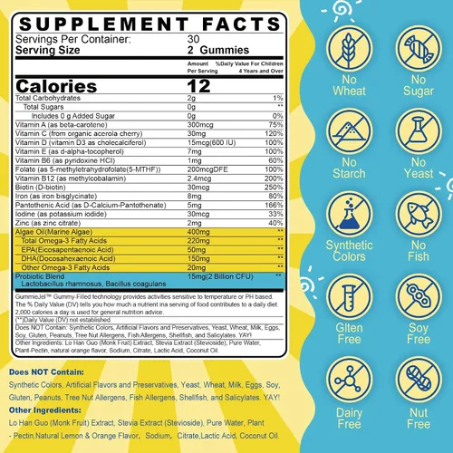 Miniatura 2 de Gomitas multivitamínicas para niños con hierro, sin azúcar, vitaminas diarias para niños + probióticos, Omega 3 de algas (EPA/DHA), A, C, D, metil
