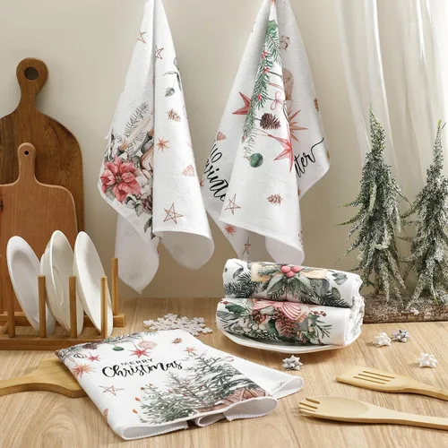 Miniatura 2 de FuWeave Toallas de Cocina Navideñas Beige Paños de Cocina con Árbol Navideño Toallas de Mano Decorativas Hello Winter Absorbentes Pelota de Guantes