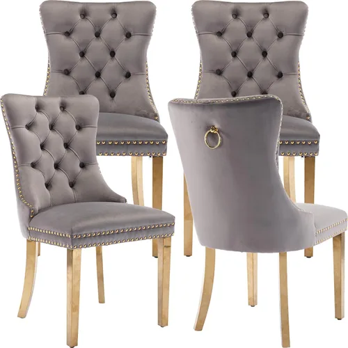 Miniatura 170 de ODUSE-DAILY - Juego de 4 sillas de cocina y comedor de terciopelo beige, tapizadas en tela, respaldo alto con alas, anilla metálica, estructura