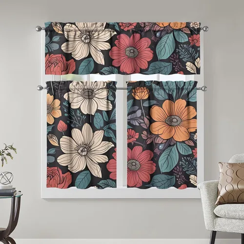 Miniatura 17 de Juegos de cortinas bohemias de cocina para ventanas, cortina bohemia con flores, cenefa para ventana de fregadero, juego de 3 piezas, decoración