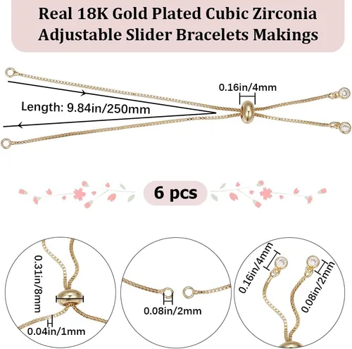 Miniatura 2 de Beebeecraft 1 caja de 6 pulseras deslizantes ajustables chapadas en oro de 18 quilates con circonita cúbica italiana con cuentas de bola italiana