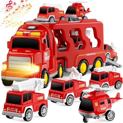 FunMission Camión de bomberos para niños de 3 a 9 años, vehículo eléctrico de fricción 5 en 1 para niños y niñas de 3, 4, 5, 6, 7 años, juguetes de