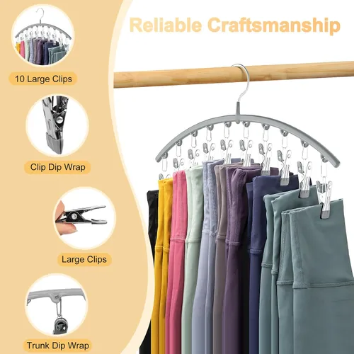 Miniatura 8 de Volnamal Organizador de leggings para armario, colgador de metal para pantalones de yoga con revestimiento de goma, paquete de 4 con 10 clips