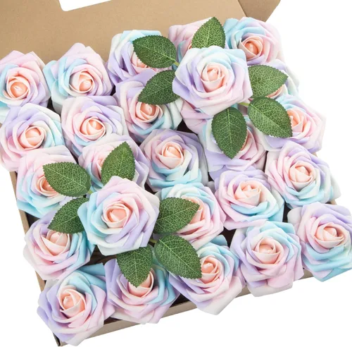 Miniatura 10 de DuHouse 25 rosas artificiales con tallos, flores de espuma de tacto real para bricolaje, ramo de boda, centro de mesa, arreglo floral, fiesta, Verde