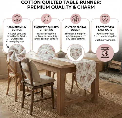 Miniatura 8 de DaDalogy Bedding - Camino de mesa de comedor acolchado floral con rosas de algodón – Bonito tapete decorativo de algodón para el jardín, bar