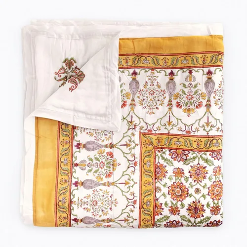 Miniatura 15 de Saffron Marigold Manta acolchada reversible rosa, tamaño Queen, hecha a mano, con estampado de dalia Daydreams de algodón Jaipuri Razai, colcha