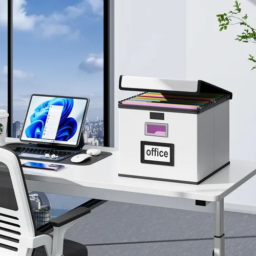 Miniatura 5 de Caja Organizadora de Archivos con Tapa, Caja Organizadora Plegable de Cuero Sintético para Carpetas Colgantes con Rieles de Plástico, Cajas (cuero)