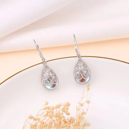 Miniatura 83 de Aretes colgantes de filigrana de plata de ley 925, margarita, loto, flor de rosa, piedra lunar, lágrima para mujer, nudo celta infinito, margarita