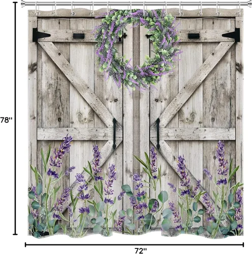 Miniatura 8 de Cortina de ducha con puerta de granero occidental para baño, lavanda púrpura y verde corona de eucalipto en tableros de madera rústica, cortina
