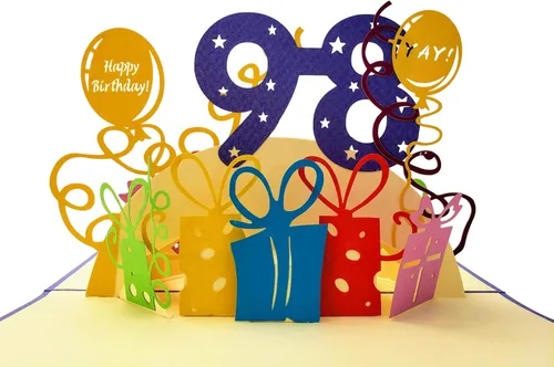 Miniatura 2 de iGifts And Cards Tarjeta desplegable 3D de cumpleaños 98, regalos coloridos y celebración de hitos de globos, saludo sincero para personas mayores
