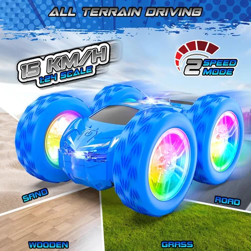 Miniatura 5 de Wupuaait Auto a control remoto para niños, autos de acrobacias a control remoto, juguetes para niños de 4 a 7 años con patrón de doble cara y flash