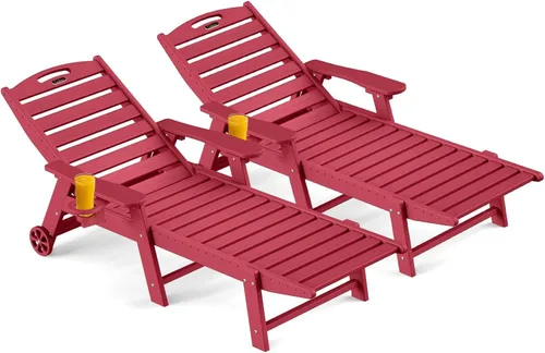 Miniatura 19 de Ciokea Silla de Descanso para Exteriores, Tumbona de Gran Tamaño con 5 Posiciones, HDPE, Silla de Descanso de Patio con Ruedas y Portavasos para Gris