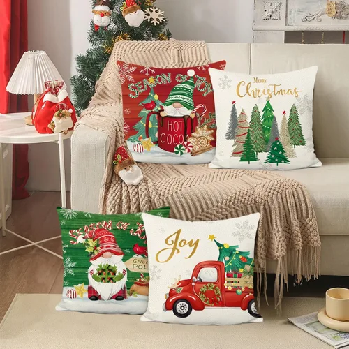 Miniatura 3 de Bonhause Juego de 4 fundas de almohada de gnomos de Navidad de 18 x 18 pulgadas, diseño de árbol de Navidad, camión rojo, para sofá, hogar