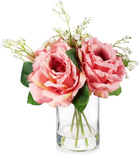Miniatura 8 de ENOVA FLORAL Flores artificiales de rosa de seda grandes en jarrón, rosas falsas blancas con jarrón y agua sintética para centros de mesa de boda