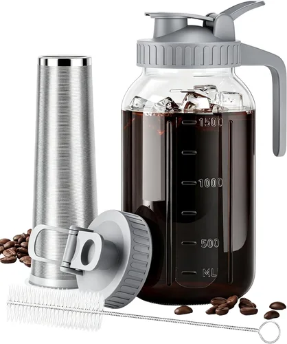Cafetera fría – 2 cuartos de galón de acero inoxidable con filtro de acero inoxidable de 64 onzas, jarra de cerveza fría, sin fugas, cafetera fría