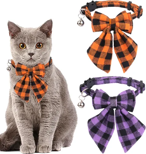 Miniatura 13 de ADOGGYGO Collares para gatos de Halloween con campana extraíble con corbatín extraíble, paquete de 2 unidades, collar de lazo de Halloween a cuadros