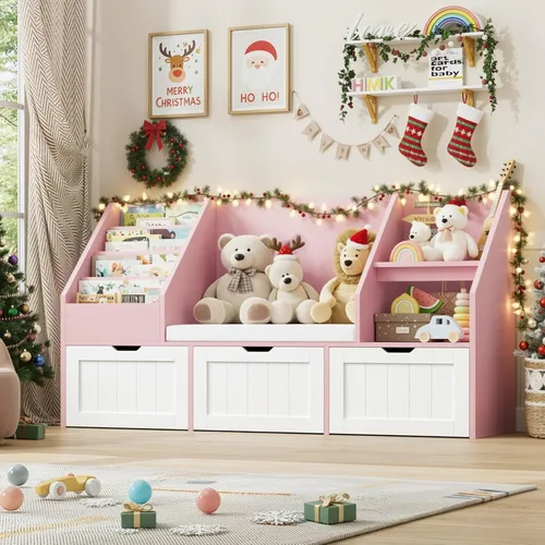 Miniatura 9 de FOTOSOK Estantería infantil de 55.1 pulgadas con rincón de lectura, organizador de almacenamiento de juguetes con cojín de asiento y 3 cajones