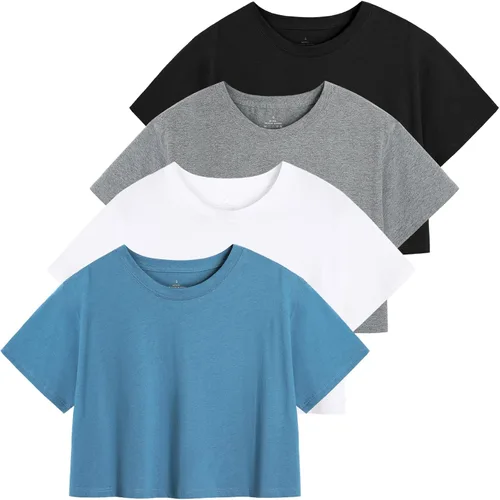 Cosy Pyro Paquete de 4 camisetas cortas de algodón para mujer, manga corta, color liso, recortadas, atléticas, cuello redondo, casual, para