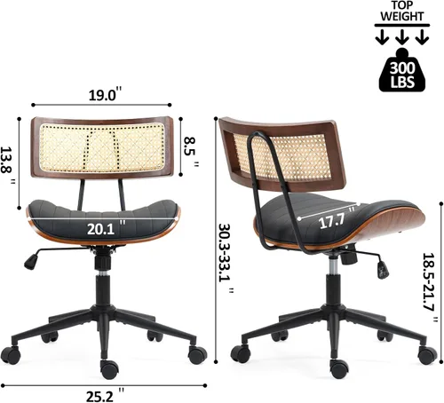 Miniatura 2 de Silla de oficina para el hogar Newnno con ruedas, silla de escritorio de altura ajustable con respaldo de ratán, silla de ordenador giratoria