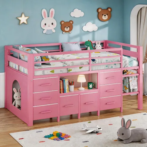 Miniatura 12 de Einhomn Litera matrimonial sobre matrimonial, cama de metal resistente con escalera y barandilla de longitud completa, espacio de almacenamiento