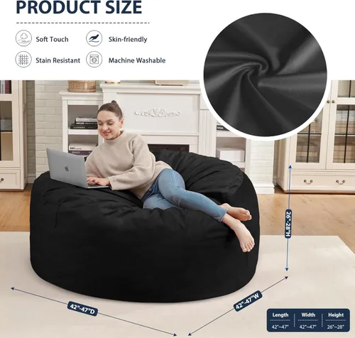 Miniatura 189 de Puf de 5 pies, puf grande con relleno de espuma viscoelástica, sofá puff esponjoso con funda de terciopelo holandés, puf redondo para sala de estar