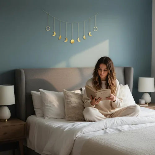 Miniatura 3 de Mkono Fase lunar para colgar en la pared, decoración bohemia estética de habitación, guirnalda de lunas de metal, arte colgante bohemio para Dorado