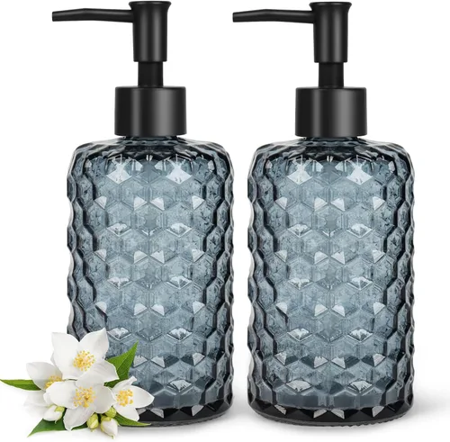 Miniatura 8 de Topsky Paquete de 2 dispensadores de jabón de vidrio con bomba de plástico negro, dispensador de jabón líquido de manos de 11.2 fl oz, bomba a