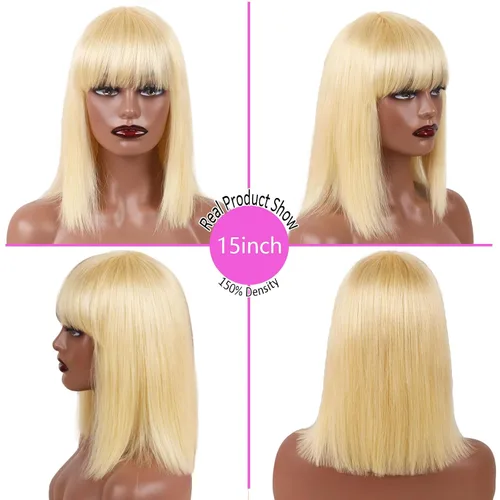 Miniatura 6 de Peluca de cabello humano lacio rubio 613 de 15 pulgadas con flequillo, sin pegamento, sin encaje frontal, Yaki Bob para mujer