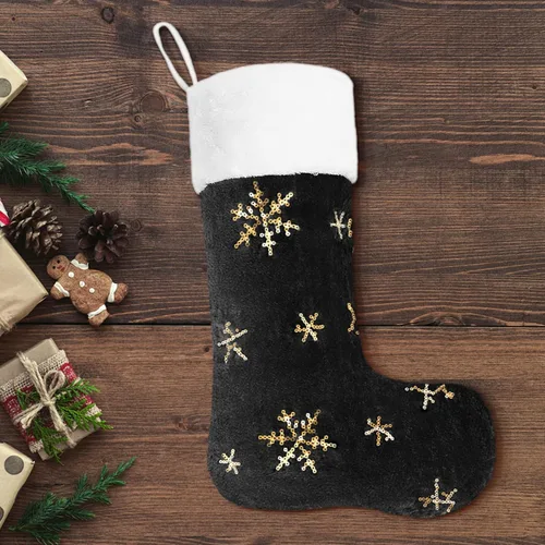 Miniatura 5 de Calcetines negros de piel sintética de Navidad, 1 paquete grande de 22 pulgadas, medias colgantes de felpa negra con nombre personalizado con copos
