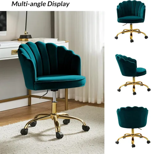 Miniatura 3 de HULALA HOME Silla de Oficina en Casa de Terciopelo con Base Dorada, Silla Moderna y Linda de Espuma para Mujer con Respaldo en Concha para Tocador