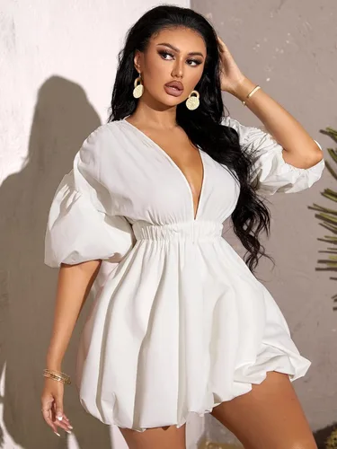 Miniatura 3 de WDIRARA Vestido de cintura elástica con cuello en V profundo y manga abombada para mujer