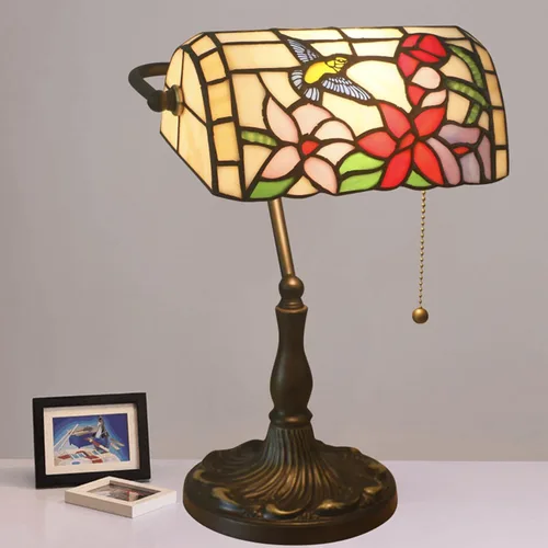 Bankers - Lámpara de escritorio con vitrales verdes, lámpara Tiffany, lámpara de mesa vintage con base de aleación, cuentas de cristal antiguas,