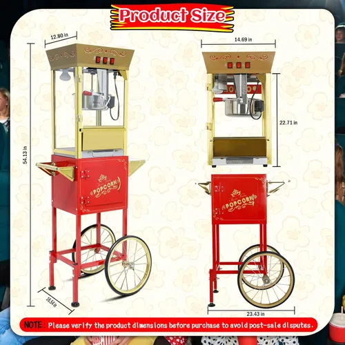 Miniatura 2 de Máquina de palomitas de maíz vintage con carro, hervidor de acero inoxidable de 12 onzas y luz de calentamiento, regalos de Navidad, regalos de cine