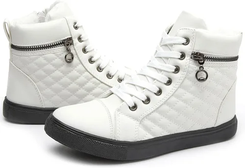 hash bubbie Women's High top Sneakers Lace up PU Leather Fashion Shoes Black Boots Fuzzy Ankle Booties with Zipper