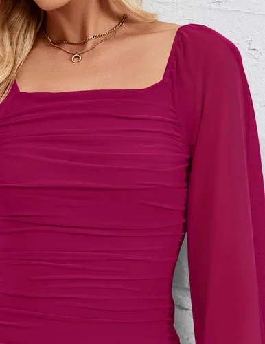Miniatura 5 de ZESICA Vestido midi sexy y fruncido para mujer 2024, manga larga, cuello cuadrado, espalda descubierta, cóctel, fiesta, boda